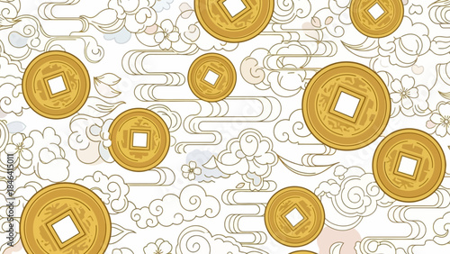 Seamless Pattern of Chinese Coins with Floral and Cloud Elements - Festive Background