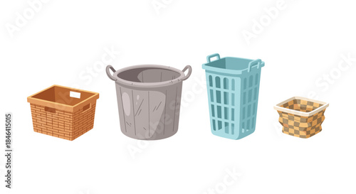 Collection of four different storage baskets and laundry hampers on white background