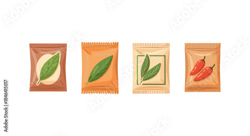 Assortment of four small food seasoning packets with natural ingredients
