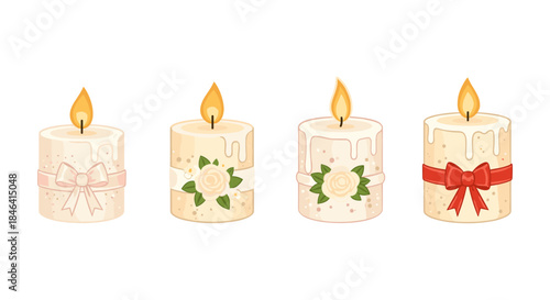 Set of four decorative candles with bows and floral designs, burning brightly