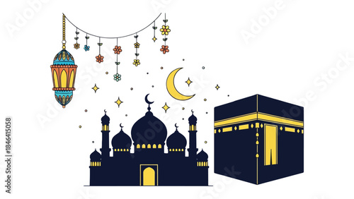 Islamic Symbols Illustration: A beautiful illustration featuring iconic Islamic symbols. The image includes a mosque with minarets, the Kaaba, a crescent moon, decorative lanterns.
