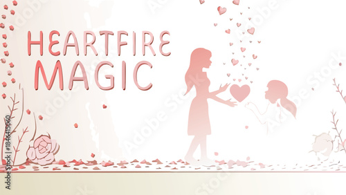 Two silhouetted girls touching a heart with spirit flame and magic