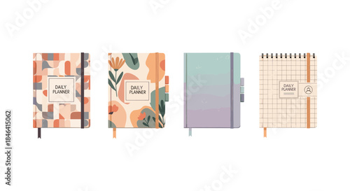 Four stylish daily planner notebooks with unique cover designs and elastic bands