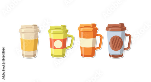 Collection of four colorful disposable coffee cups with lids and handles