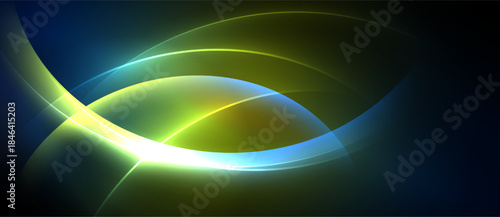 Abstract design features flowing curves, vibrant colors. Blue, green, yellow hues create dynamic light effect. Smooth gradients dominate composition.