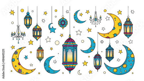 Ramadan Lanterns and Crescent Moons: A festive illustration showcasing the spiritual essence of Ramadan. with intricate lanterns, each emitting a warm glow, interspersed with crescent moons and stars.