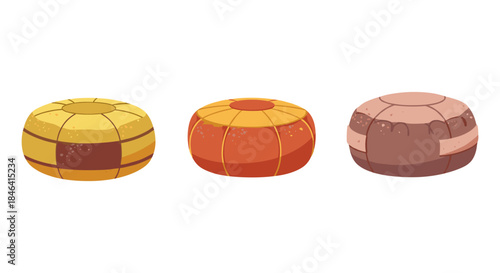 Three round poufs in different colors and patterns on a white background