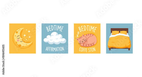 Cute bedtime illustrations featuring a crescent moon, cloud, sleeping cat, and bed
