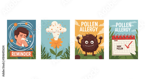 Pollen allergy awareness posters with cartoon illustrations and text