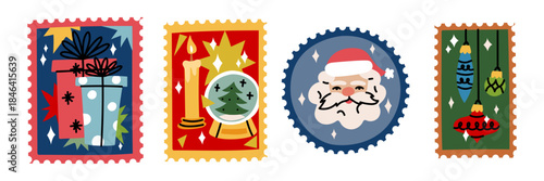 A set of colorful flat Christmas stamps with traditional symbols. Santa Claus, snow globe, Christmas tree ornaments, and gifts. Perfect for greeting cards, winter scrapbooking, and seasonal decor