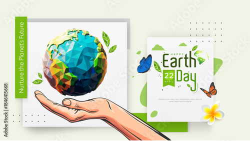 Happy Earth Day banner. Eco-friendly visual representing global environmental care, featuring a hand gently holding low-poly style Earth, promoting sustainability and nature protection. reforestation