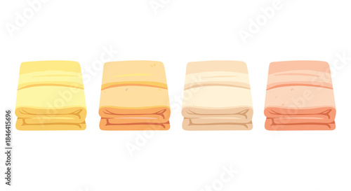 Four neatly folded towels in warm pastel colors, stacked for storage