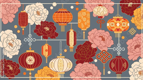 Festive Chinese Lanterns and Floral Pattern Design for Holiday Celebrations and Decor