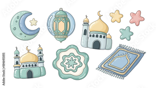 Islamic Festive Motifs: An illustrated collection of crescent moon, stars, mosque, and lantern elements. Expressing spirituality and celebration.