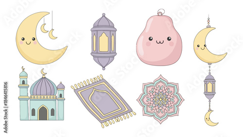 Eid Mubarak Set of Icons: A vibrant collection of Ramadan-themed illustrations, showcasing the essence of this holy month. Featuring crescent moons, lanterns, a mosque.