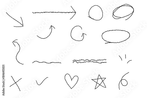 Hand drawn pencil style annotation elements set