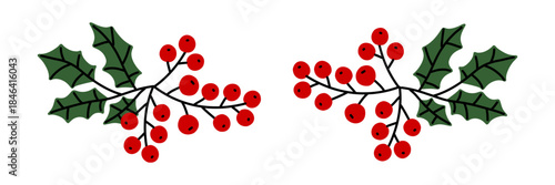 flat colorful set of decorative Christmas elements made of holly and berry clusters. symmetrical botanical illustration for creating festive borders, greeting cards, banners, tags, decorative drawings