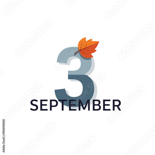 An elegant illustrative design for the third day of September, featuring a stylish number three adorned with a warm autumn leaf, perfect for