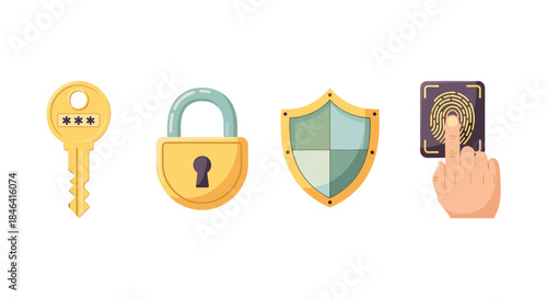 Digital security icons: key, lock, shield, and fingerprint scanner