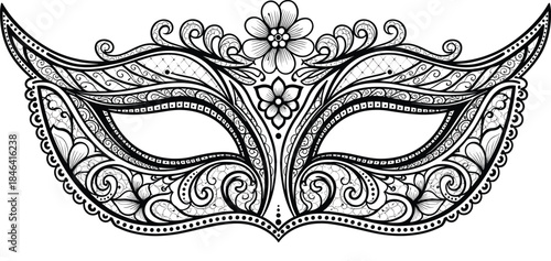 Elegant detailed black and white venetian masquerade mask vector illustration, with intricate lace, floral patterns, and ornamental filigree, ideal for party, carnival, and mystery design.