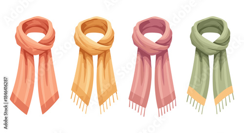 Four colorful scarves displayed in a row, perfect for winter fashion