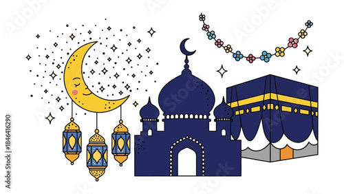 Islamic Illustration: An exquisite illustration encapsulates Islamic art, featuring a crescent moon, mosque, lanterns, and Kaaba, symbolizing the essence of faith.