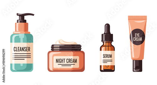 Set of skincare products including cleanser, night cream, serum, and eye cream