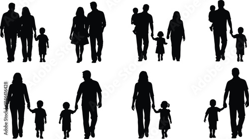 Collection of Vector Family Silhouettes Showing Parents and Children Walking Together and Holding Hands Isolated on White