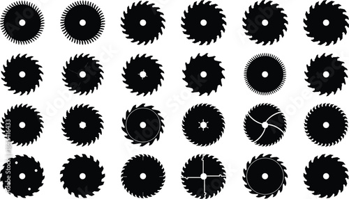 Collection of Twenty Four Vector Circular Saw Blade Silhouettes with Sharp Teeth Design Isolated on White Background