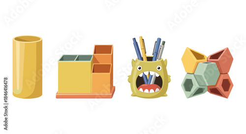 Collection of four diverse desk organizers for pens and stationery