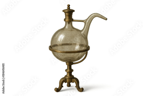 Antique glass alembic with transparent background, laboratory equipment.