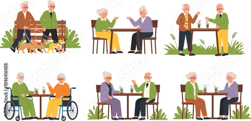 Elderly Senior Couple Vector Illustration Set; Active Grandparents Walking Dogs, Sitting at Cafe, Talking, and Using Wheelchair for Retirement and Lifestyle Concepts.