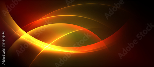 Abstract design features flowing curves, warm colors. Bright orange, yellow hues dominate dark background. Dynamic composition creates visual interest.