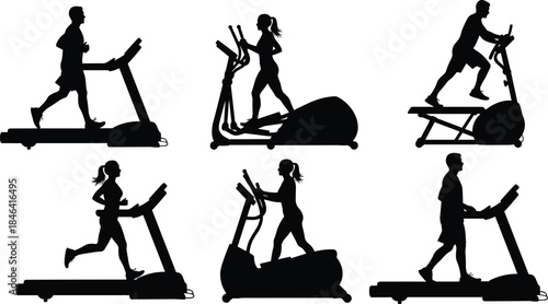 Collection of Vector Silhouettes of People Running on Treadmills and Using Elliptical Machines for Cardio Workout Isolated on White