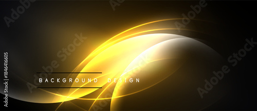 Dark background features golden, flowing lines. Bright center radiates light, creating dynamic visual effect. Modern design element.
