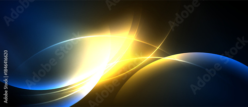Abstract design features flowing curves, bright yellow, cool blue hues. Dynamic light creates energy, modern aesthetic.