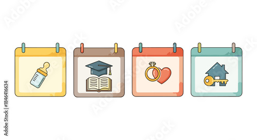 Milestones of life represented by icons on calendars, baby, education, marriage, home