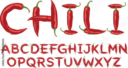 Creative, Spicy Red Chili Pepper Font Vector Alphabet Design for Hot Food, Mexican Cuisine, Tex-Mex, Salsa, Restaurant Menus, and Organic Farm Produce Branding.