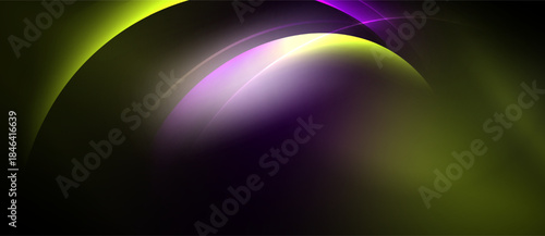 Abstract design features curved shapes, vibrant colors. Purple, yellow hues blend into dark background creating dynamic visual effect.