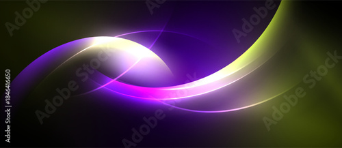 Abstract swirls, vibrant purple, yellow hues dominate dark background. Smooth gradients create dynamic, flowing visual effect.