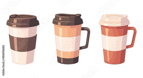Three stylized disposable coffee cups with lids and sleeves on a white background