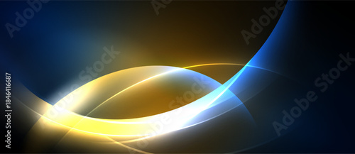 Abstract lines, curves, bright colors blend. Dynamic composition creates luminous effect. Dark background emphasizes glowing shapes.