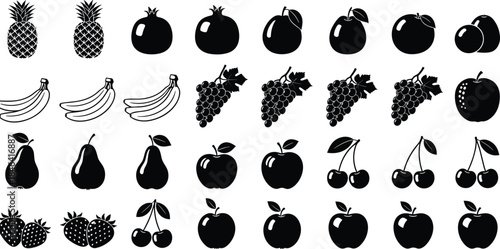 Large Collection of Vector Black Fruit Silhouettes and Icons Featuring Apples Bananas Grapes and Berries Isolated on White