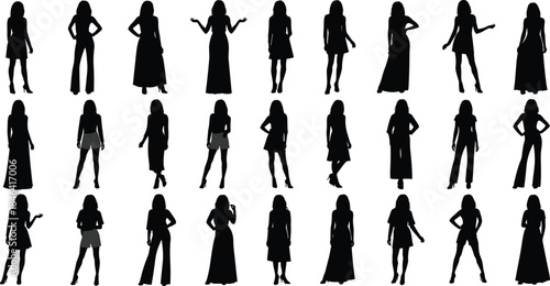 Large Set of Twenty Seven Vector Female Silhouettes Wearing Various Fashionable Dresses and Pants Isolated on White Background