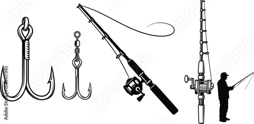 Fishing Rod, Reel, and Triple Hook Vector Icon Set; Fisherman Silhouette with Equipment for Sport, Hobby, and Outdoor Recreation Design Collection.