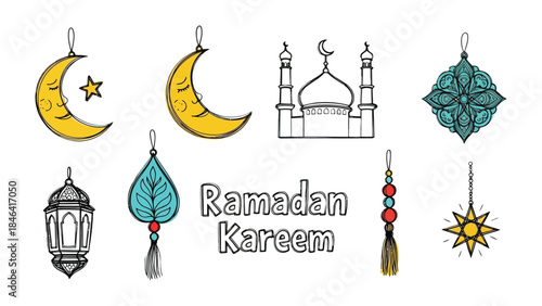 Ramadan Kareem Illustration: Festive illustrations capture the spirit of Ramadan Kareem with Islamic symbols such as crescent moons and mosque.