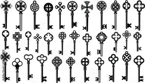 Ornate black antique skeleton keys silhouettes vector bundle, featuring Gothic, medieval, and vintage royal patterns, lock access elements set.