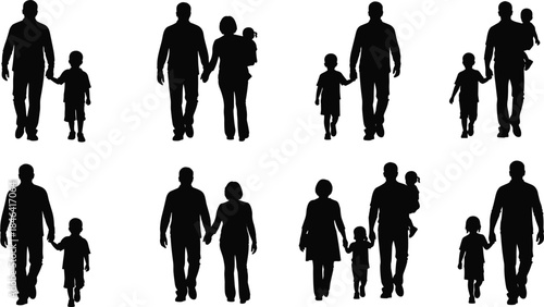 Set of Eight Vector Family Silhouettes Showing Parents and Children Walking Together Isolated on White Background
