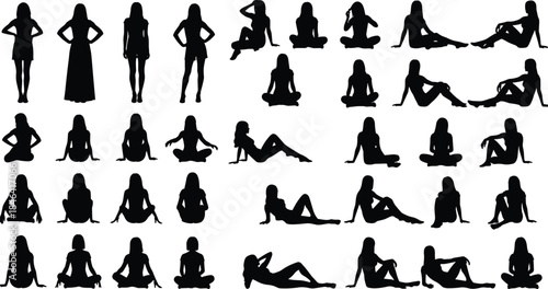 Large Set of Vector Female Silhouettes Showing Women Standing Sitting and Lying Down Poses Isolated on White Background