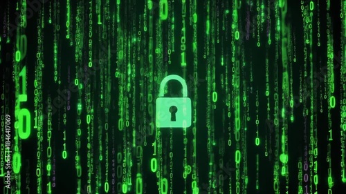 Abstract digital security background with a glowing green padlock symbol and flowing binary matrix code.